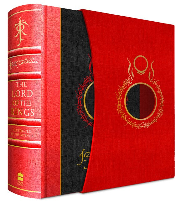 A bright red faux-leather hardcover book with raised edges on the spine, reading "The Lord of the Rings: Illustrated by the author" on the spine. The front cover is black with an Elvish pattern, and the book is within a bright red slipcase.