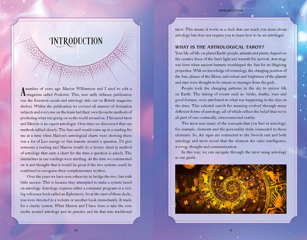 Front and back image of a tarot card, with an introduction to the tarot deck in black text. The background of the card is a blue and purple starscape. On the back of the card is a brown and gold image depicting the signs of the zodiac, in a spiral.