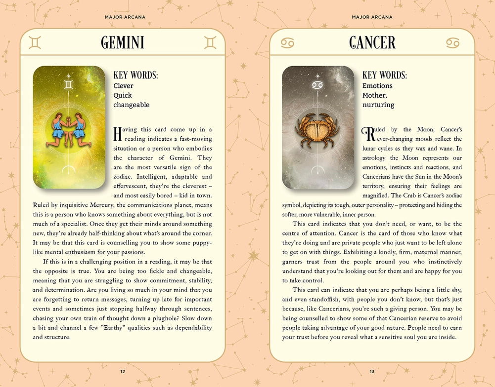 Side by side images of yellow tarot cards. On the left is the Gemini card, with a drawing of twin figures kneeling, facing each other, against a yellow starscape background. Black text on the card describes the Gemini traits. On the right is the Cancer card, with a depiction of a brown crab against a gray starry background. Black text on the card describes the Cancer traits.
