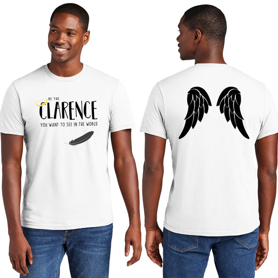 Front and back views of a male model. He's wearing a white v-neck t-shirt that says "Be the Clarence you want to see in the world" with a halo and black feather on the front, and a black angel wing print on the back.