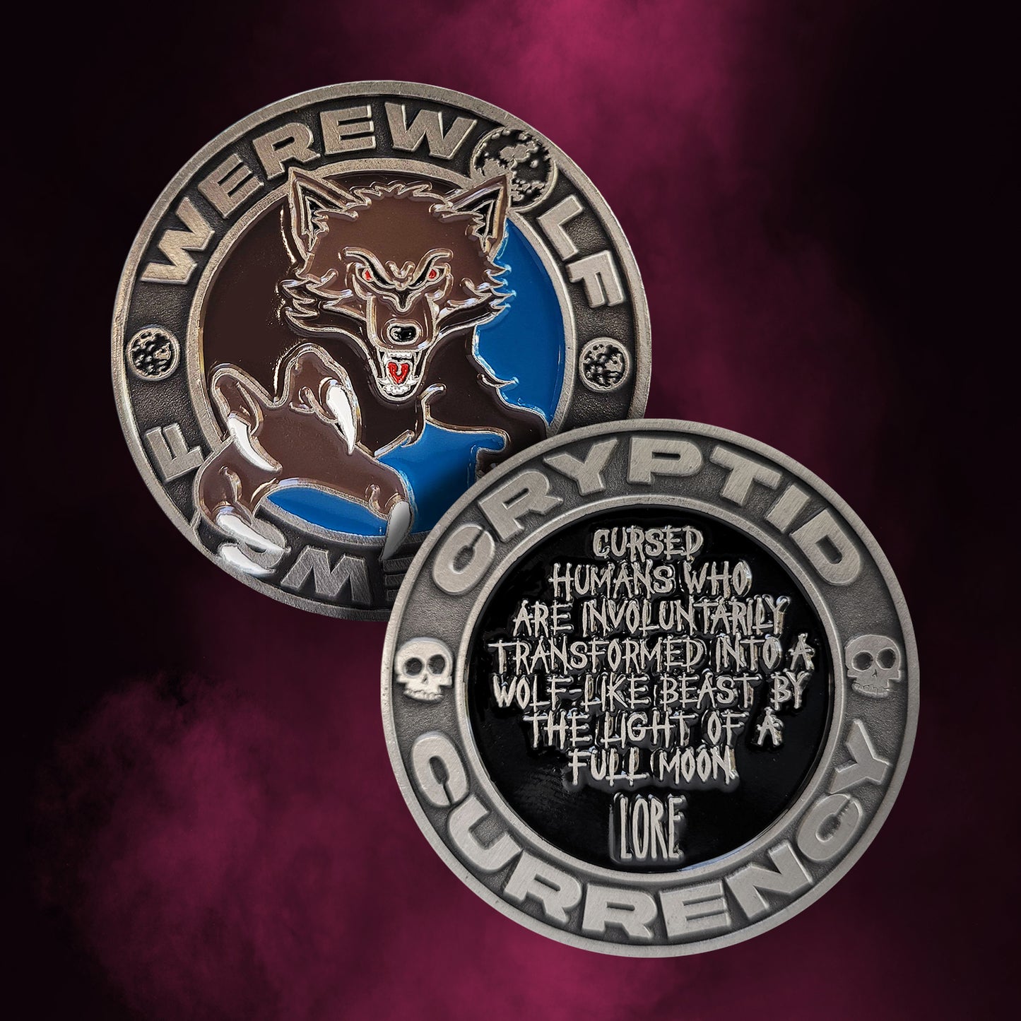 Front and back images of a brass coin on a purple and black background. On the front of the coin is a brown and black drawing of werewolf, with “were”wolf stamped into the coin's edge. On the back of the coin is a black circle, with white text saying “cursed humans who are involuntarily transformed into a wolf-like beast by the light of a full moon: Lore." Around the edge is stamped text saying "cryptid currency."