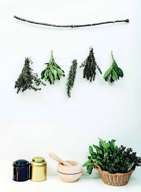 Various dried herbs hanging from a twig, fastened to a white background. Under the herbs are jars, a bowl, and a basket filled with more herbs.