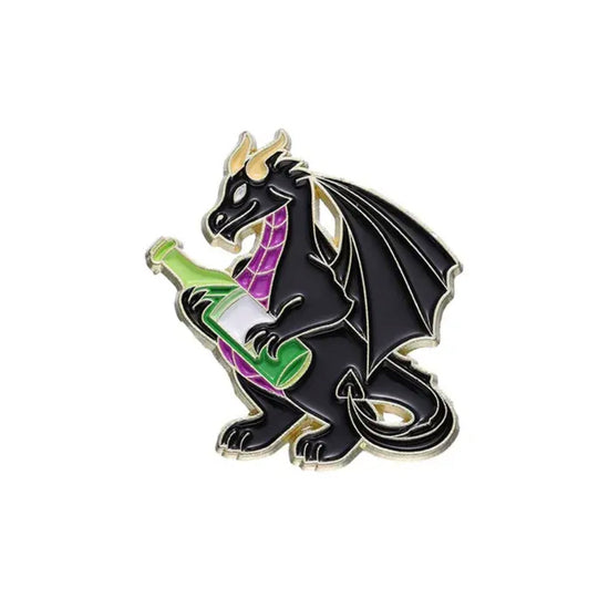 A black enamel pin against a white background. The pin depicts a black dragon with a purple belly, holding a wine bottle.