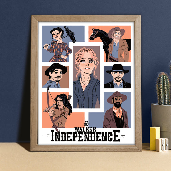 A framed print, against a dark blue wall. The print depicts cartoon-style drawings of characters from the series "Walker: Independence." Black text at the bottom of the print says "Walker: independence." Next to the framed print is a potted cactus, an eraser, and a pencil sharpener.