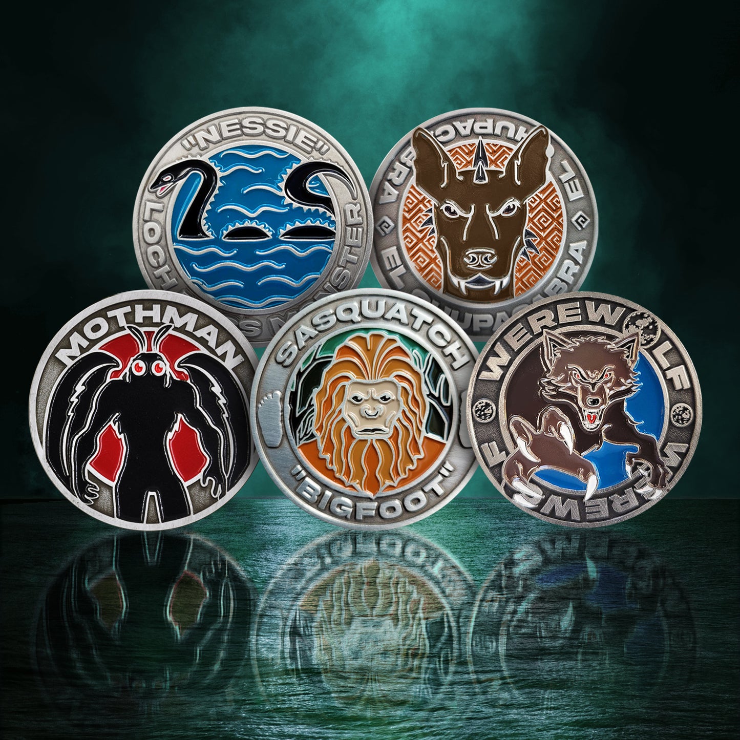 Five challenge coins in two rows, sitting above dark green water in the nighttime sky. Each coin depicts a Cryptid covered by Aaron Mahnke's "Lore" podcast: Nessie, Chupacabra, Sasquatch, Mothman, and Werewolf.