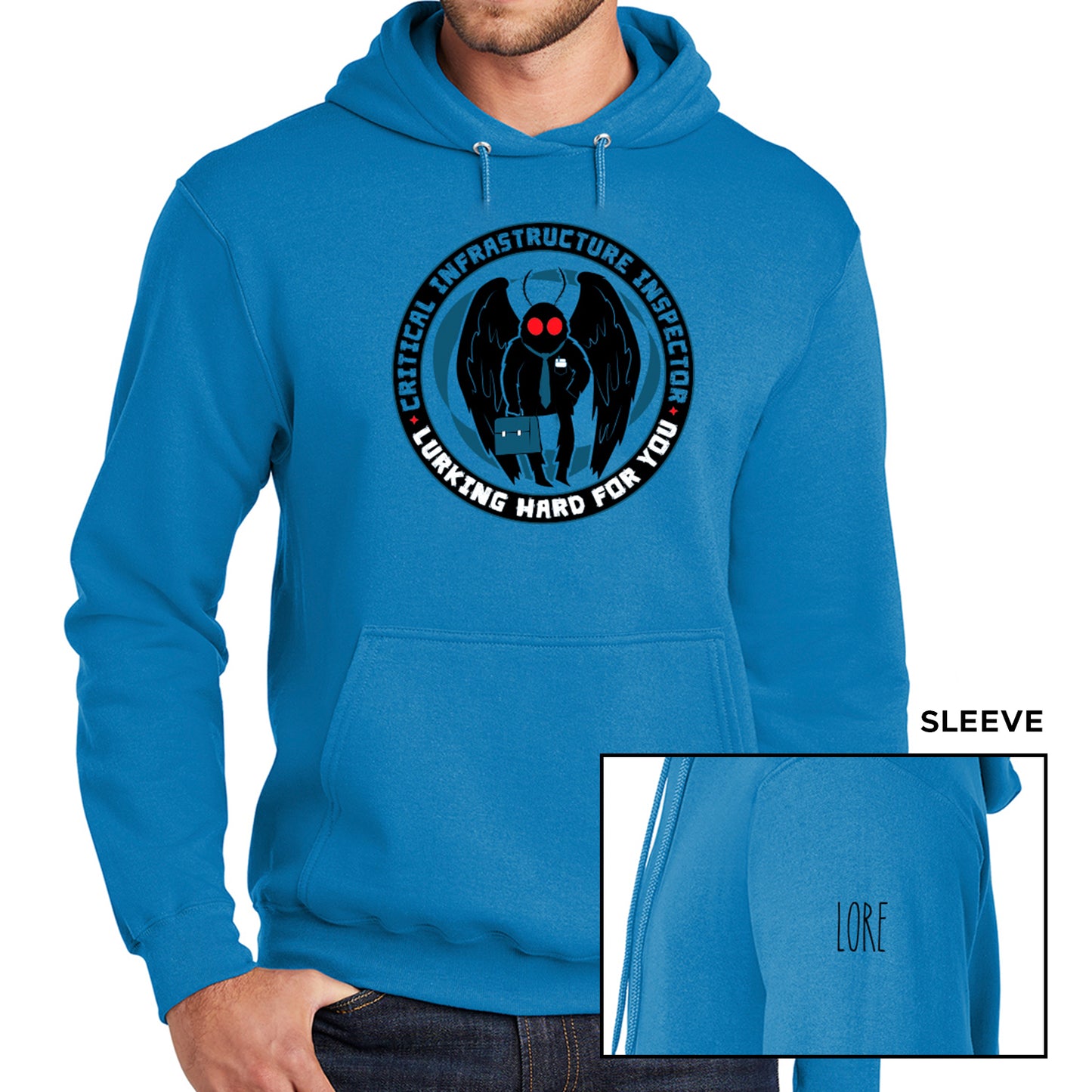 A male model wearing a turquoise hoodie with matching drawstrings and a kangaroo pocket. The tee has a black ring featuring the words "Critical infrastructure inspector" in turquoise font and "Working hard for you" in white font. Within the ring is a black cartoon Mothman with red eyes, a turquoise tie, and a turqouise briefcase set against a darker shadow. One sleeve features the 'LORE' logo in black.