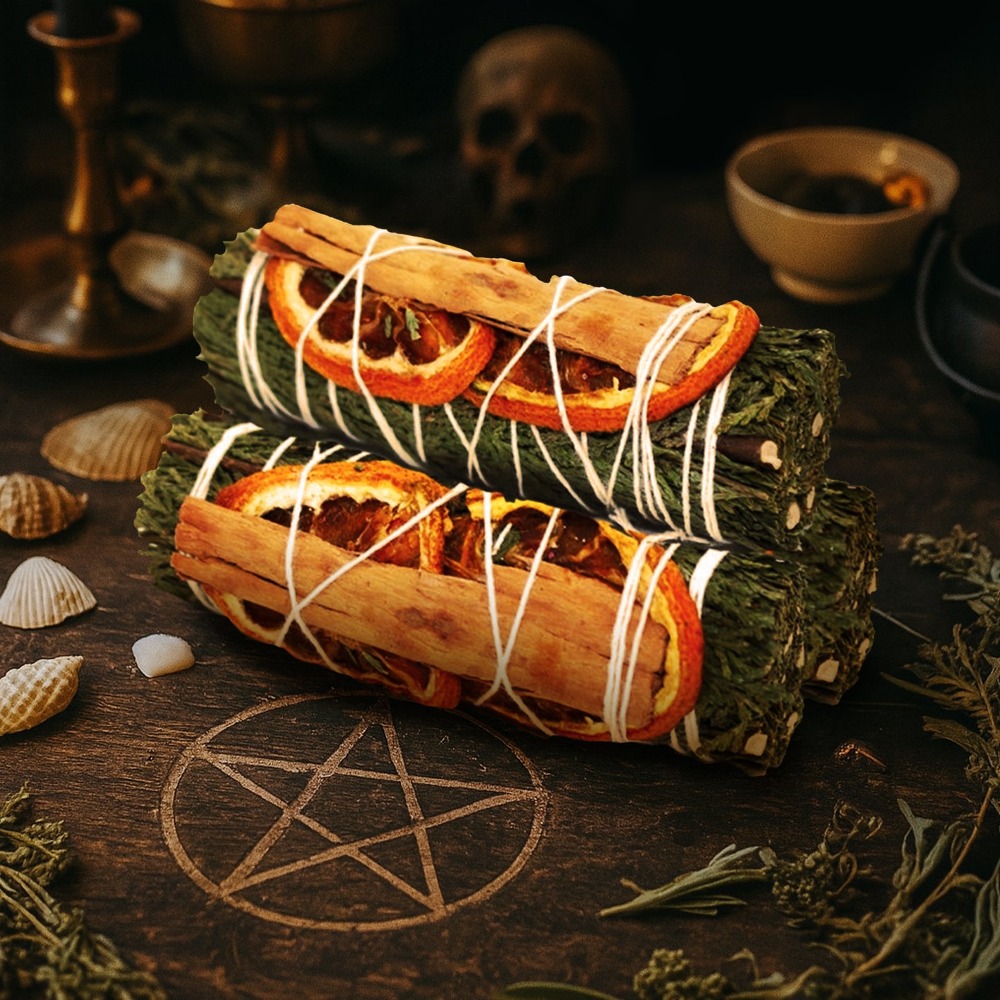 A bundle of green sage, including dried orange, cedar ships, and cinnamon sticks, on a wooden table. Surrounding the bundle are sea shells, dried herbs, and other items found in an apothecary. A pentagram is carved into the wood in front of the bundle.