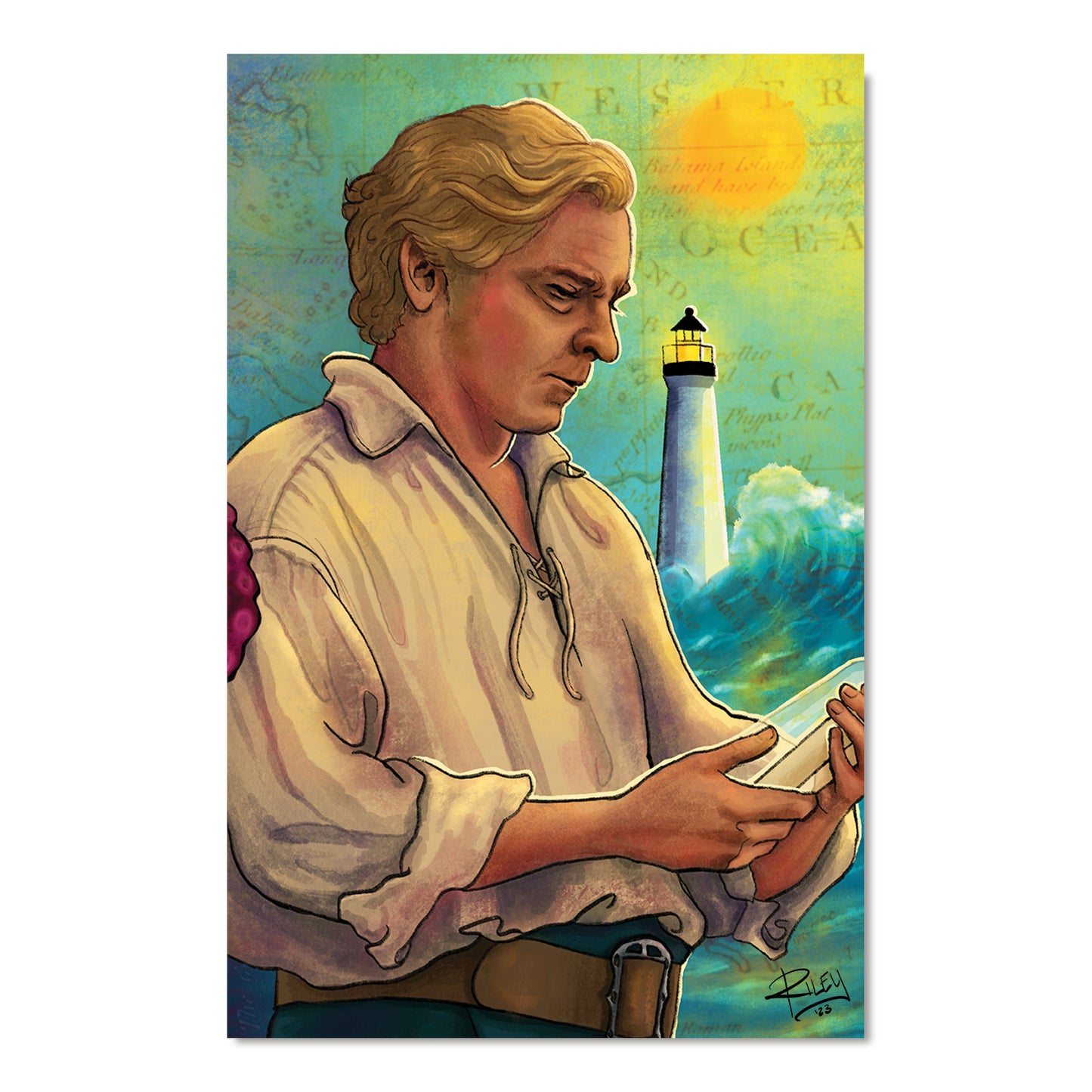 A painting of Stede, from “Our Flag Means Death,” looking at a glass bottle with the sea and a lighthouse behind him. Behind the painting is a white background.