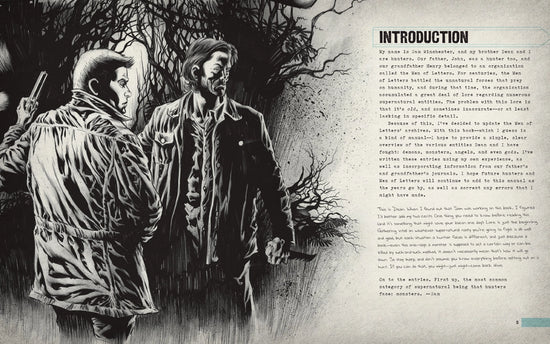 A two-page spread from the book. On the left is a black and white drawing of Sam and Dean Winchester. On the right is the book's introduction.