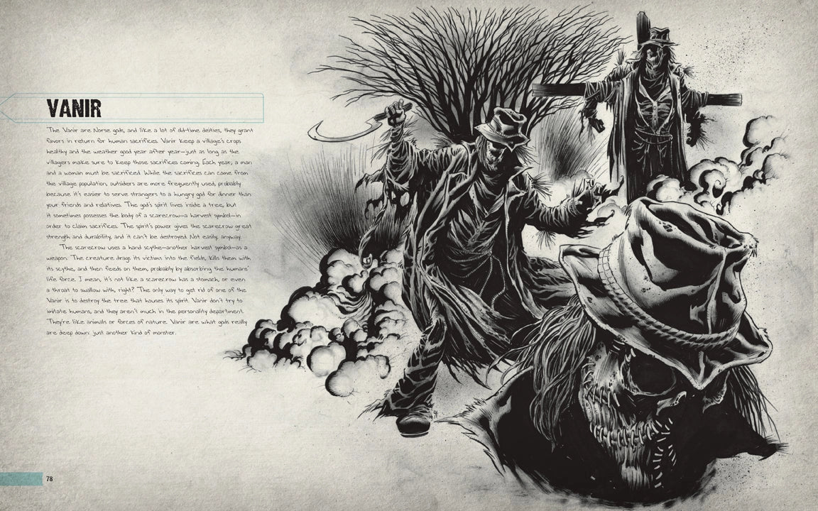 A two-page spread from the book. On the left is black text saying "vanir," with a description of the creature under. On the right is a black and white drawing of scarecrow-like creatures in a field.