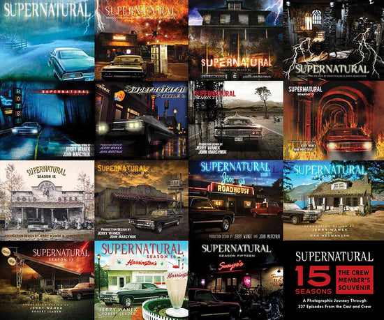 A book cover, made up of a a collage of images from15 seasons of the TV series Supernatuural. At the bottom right corner is a black square with white and red text saying "supernatural, 15 seasons: the crew member's souvenir. A photographic journey through 327 episodes from the cast and crew."