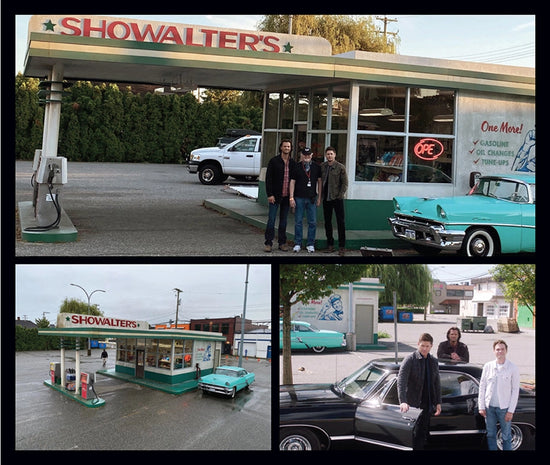 A collage of images of the cast and crew at Showalters from the series.