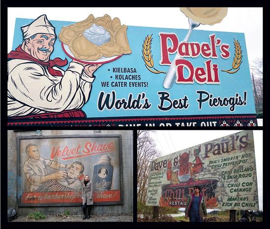 A collage of billboard advertisements from the series, including Pavel's Deli, Vevet Shave, and Dave & Paul's.