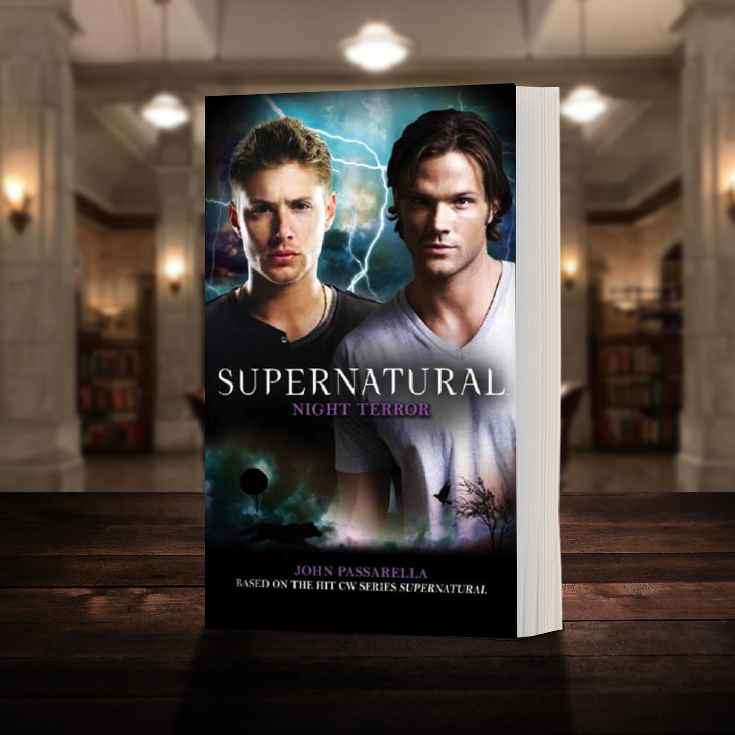 A copy of the book "Supernatural: Night Terror" pictured in the "bunker" from Supernatural. The cover shows early-season Sam and Dean Winchester and reads "Supernatural Night Terror - Based on the hit CW series SUPERNATURAL by John Passaella”
