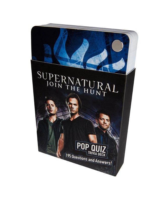 A deck of blue and black trivia cards. Around the deck is a black banner with images of Sam and Dean Winchester and Castiel on the bottom. At the top is white text saying "Supernatural: join the hunt." At the bottom is white text saying Pop quick trivia deck, 195 questions and answers!
