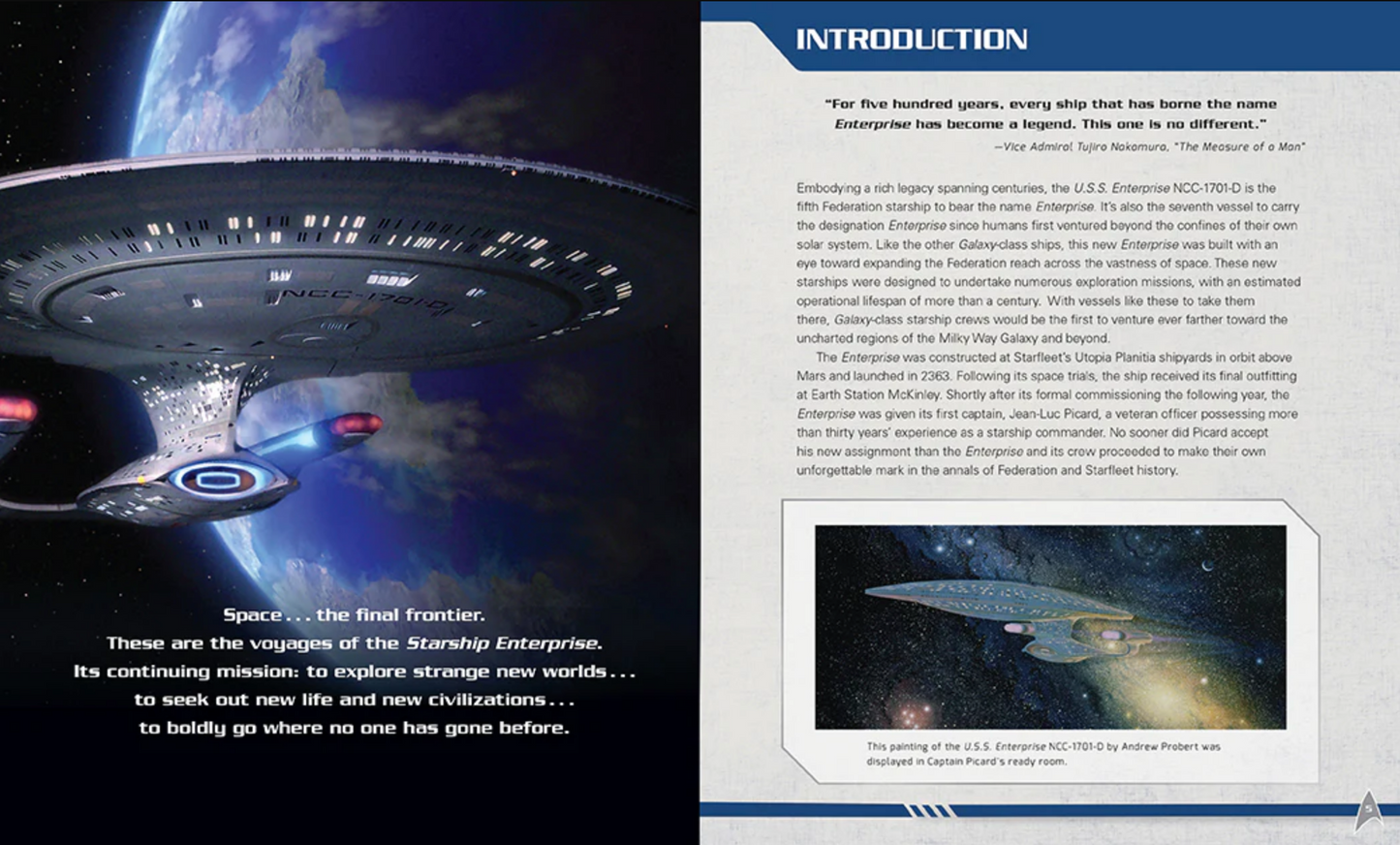 An introduction page with an image of the USS Enterprise, along with a brief history of the ship.