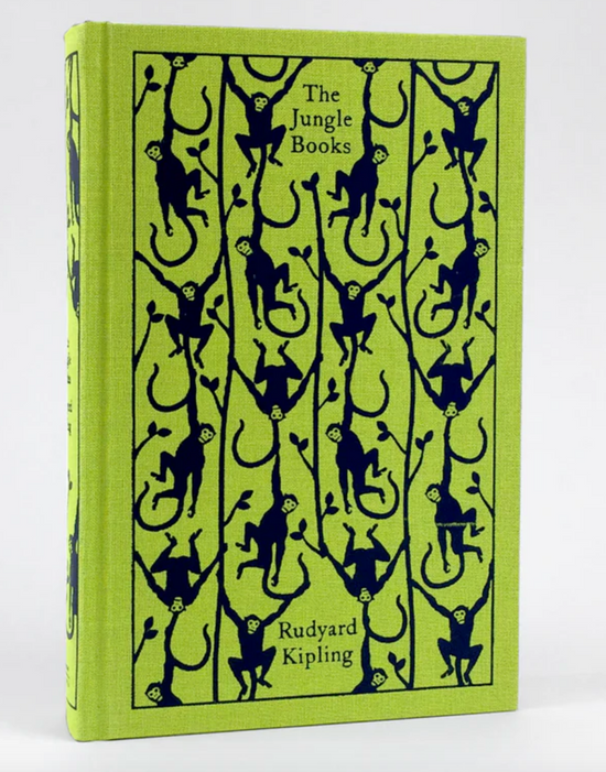 A bright green book against a white background. The book cover has a pattern of monkeys drawn across it. Black text at the top says "The Jungle Books: Rudyard Kipling"