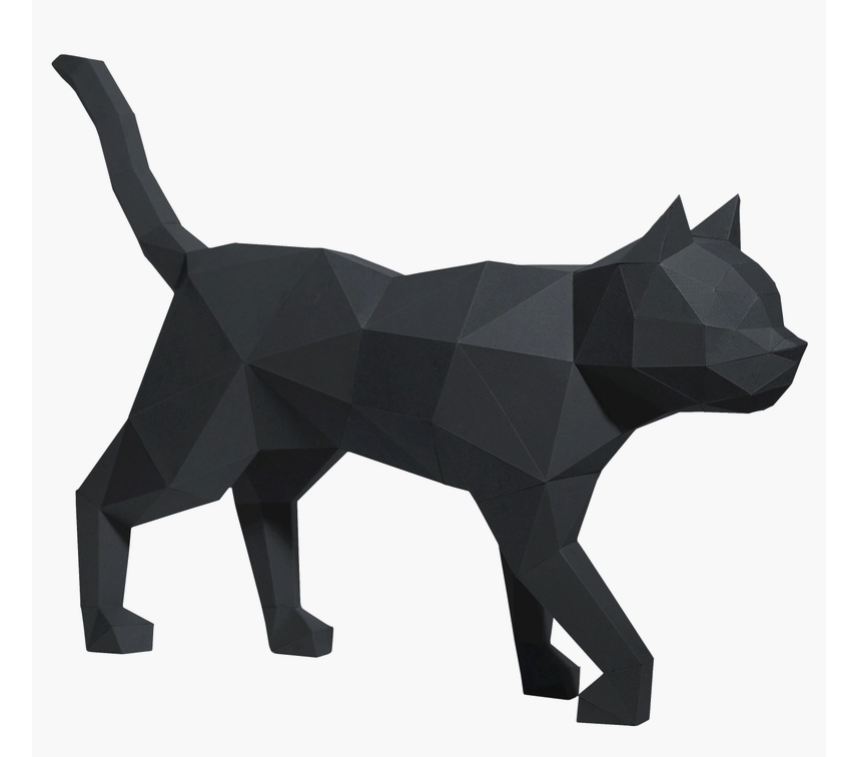 Right-side view of a paper model of a black cat on a white background.