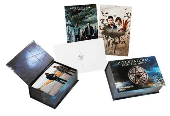 Multiple postcards with images Sam and Dean Winchester from the TV series “Supernatural.” A postcard box showing the anti-possession symbol is in the bottom corner with “Supernatural: Join the Hunt” in white letters. In the background is a stormy sky.