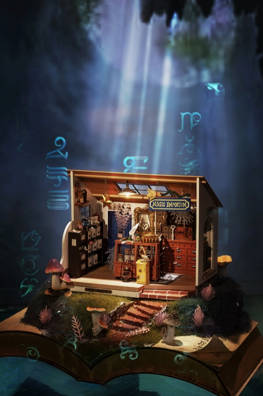 An image of the magic emporium dollhouse sitting on top of an open spell book, on a blue background. Beams of sunlight shine down on the dollhouse, with faint magical symbols in the air around it.