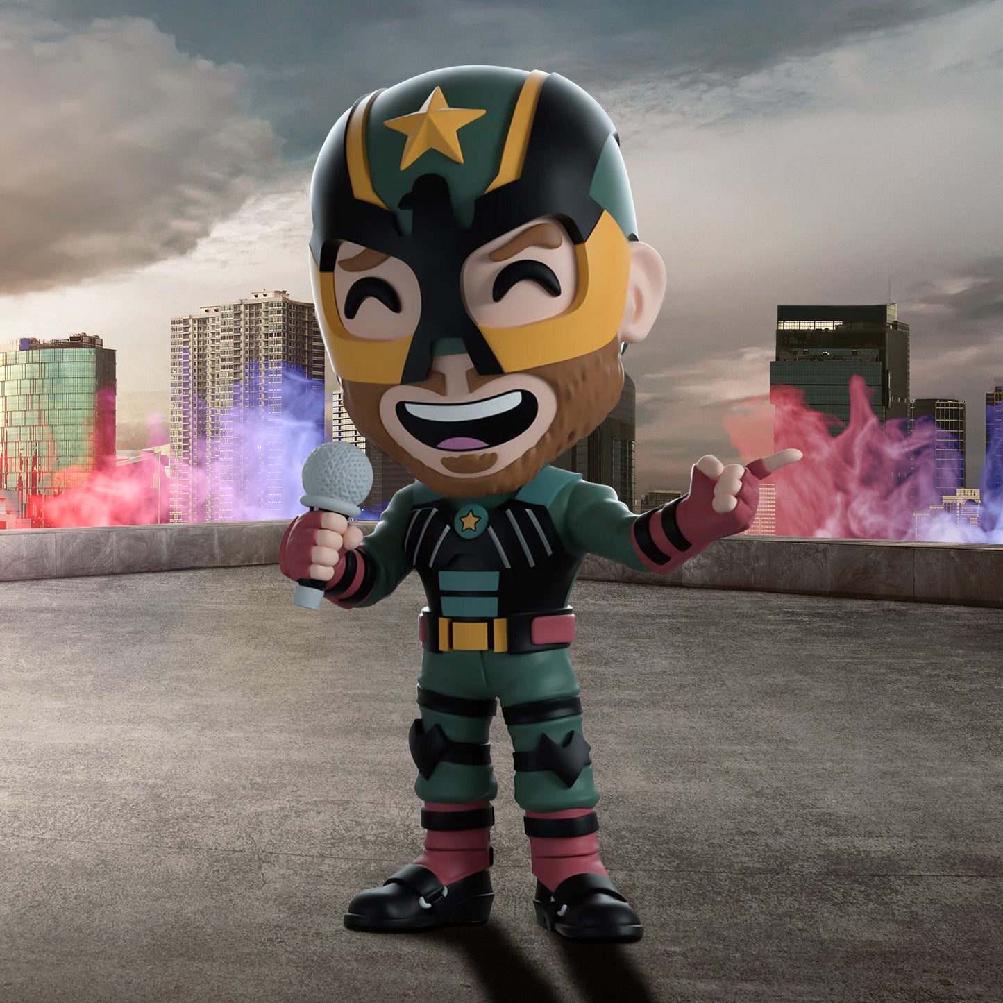 A vinyl figure depicting the character Soldier Boy singing into a microphone. In the background is a city skyline with colored smoke around it.