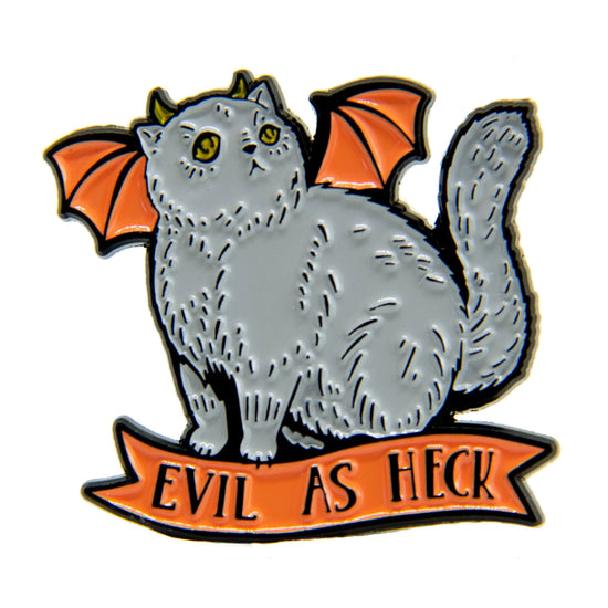 A grey cat with orange bat wings and yellow horns, against a white background. Under the cat is an orange ribbon with black text saying "Evil as heck."