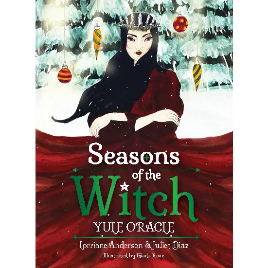 The front illustration of the Yule Oracle deck, reading "Seasons of the Witch Yule Oracle - Lorriane Anderson & Juliet Diz - Illustrated by Giada Rose" and featuring an illustration of a pale woman with dark red hair and a flowing red dress in a snowy, festive forest. 