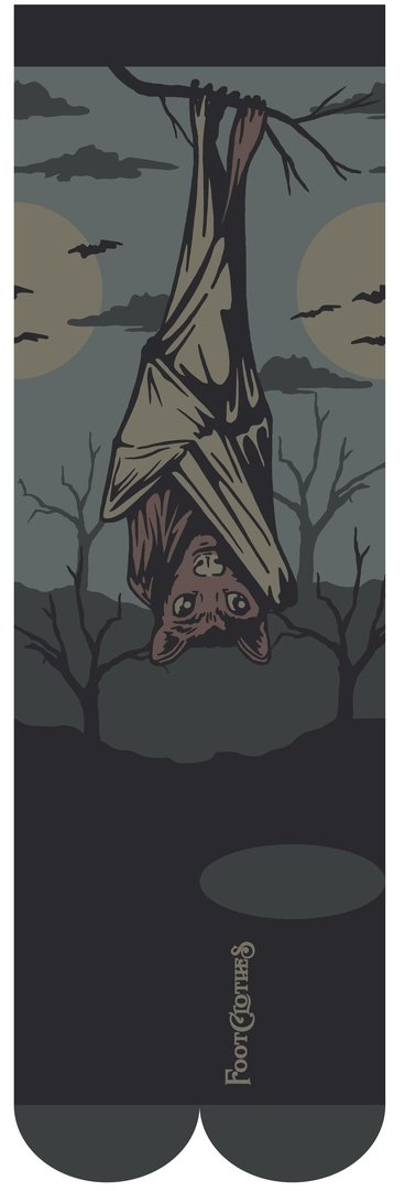 Socks with a bat design hanging from a tree branch against a moonlit sky.
