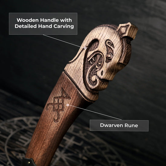 Close up of the hilt of a wooden axe handle.