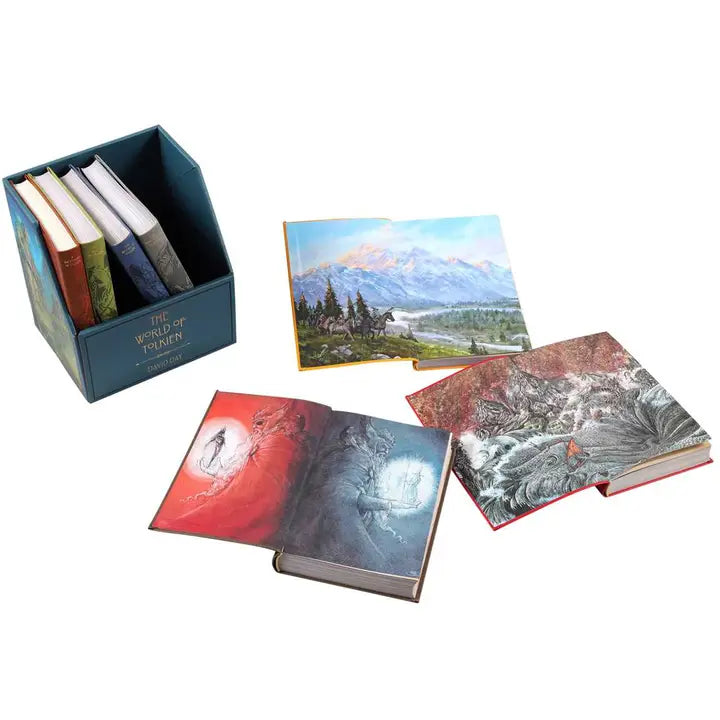 Seven hardcover books against a white background. Four are standing side by side in a blue container, with "the world of Tolkien" on the front in gold text. Three of the books are open, revealing detailed drawings from the Lord of the Rings series in their front inside covers.