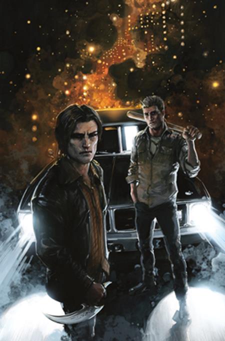Two characters in a car with a fiery background