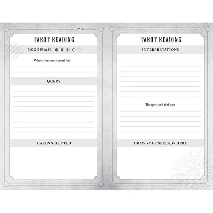 Tarot reading form with sections for moon phase, query, card selections, and interpretations.