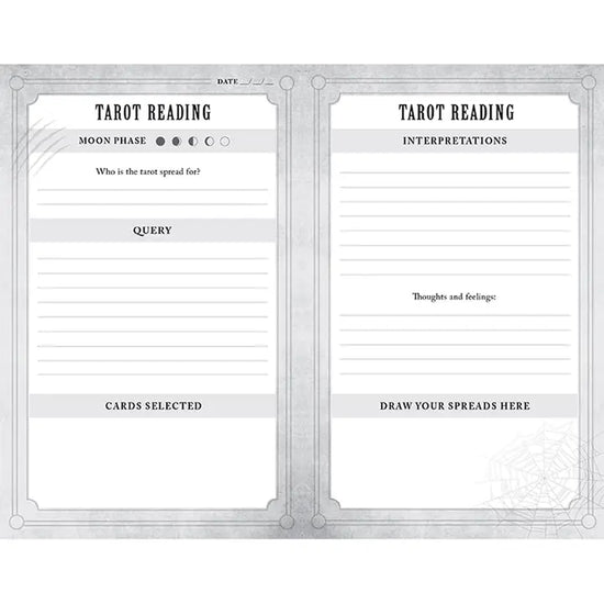 Tarot reading form with sections for moon phase, query, card selections, and interpretations.