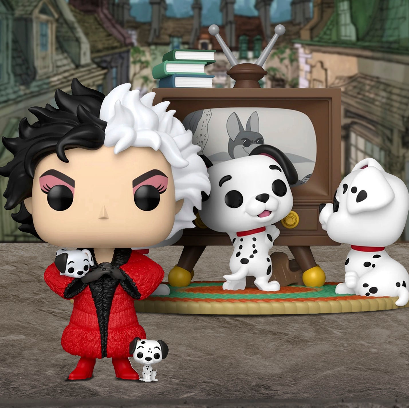 Funko Pop! figures of the character Cruella De Vil, in front of a TV set with cartoon dogs on it.