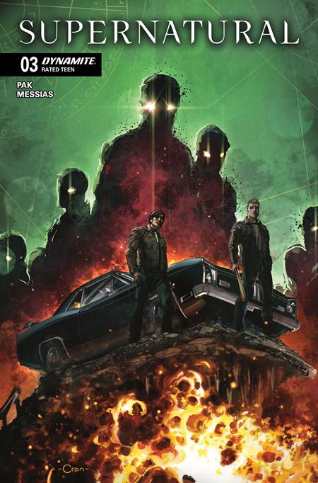 Comic book cover titled 'Supernatural' with characters and a car on a fiery background.