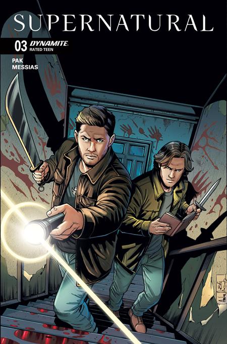 Comic book cover featuring Sam and Dean Winchester with weapons and a flashlight, titled 'Supernatural'.