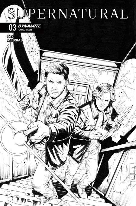 Comic book cover featuring Sam and Dean with weapons, black and white line art.