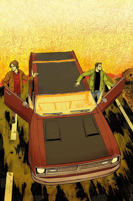 Illustration of two people interacting with an open car trunk against a stylized background
