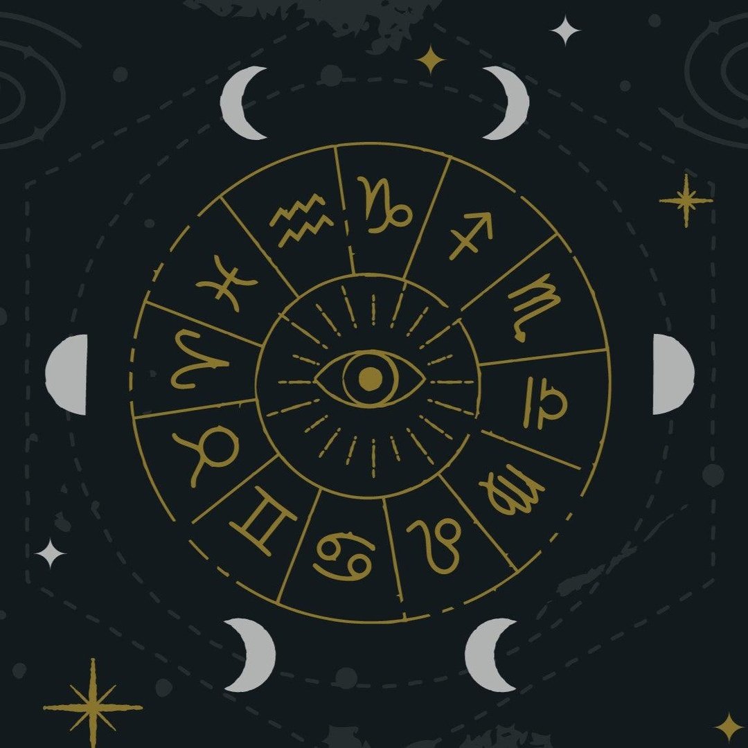Zodiac symbols arranged in a circular pattern with celestial elements on a dark background