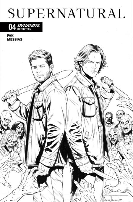Black and white comic book cover featuring Sam and Dean Winchester with axes and zombies in the background, labeled 'Supernatural'.