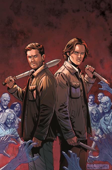 Comic book cover featuring Sam and Dean Winchester holding knives with a red background and zombie figures.