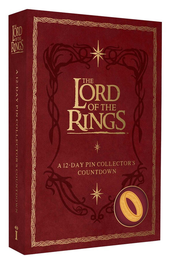 A dark red box against a white background. The front has gold text that says "the lord of the rings. a 12 day pin collector's countdown." Inset at the bottom right corner is a drawing of a gold ring
