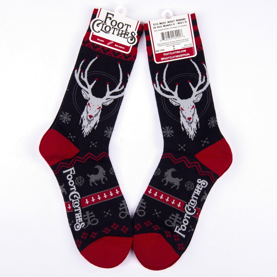Pair of socks with deer design and 'Foot Clothes' branding on a white background