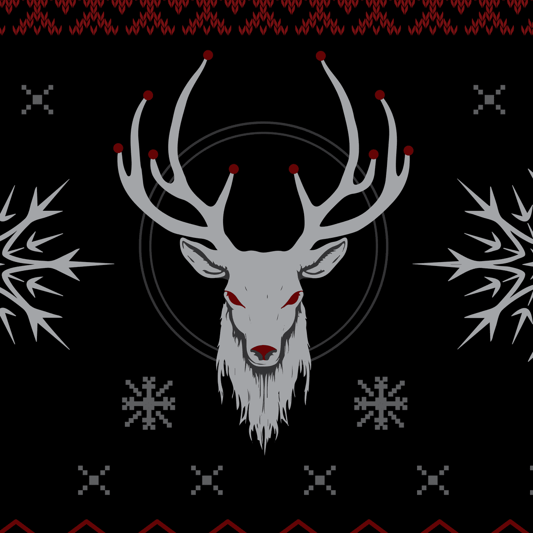 Deer head design with red eyes on a black background with snowflake pattern