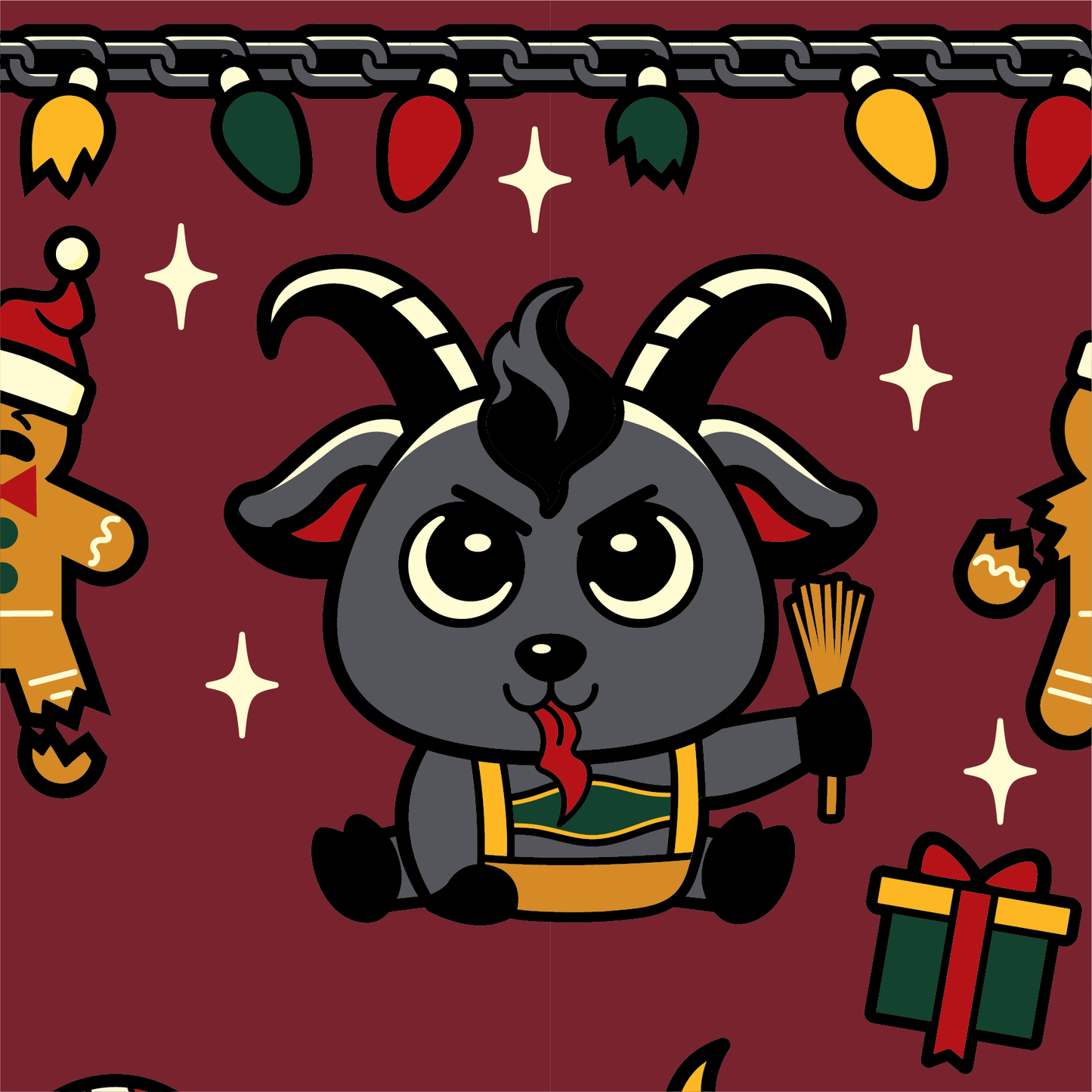 Cartoon goat character with Christmas decorations on a red background