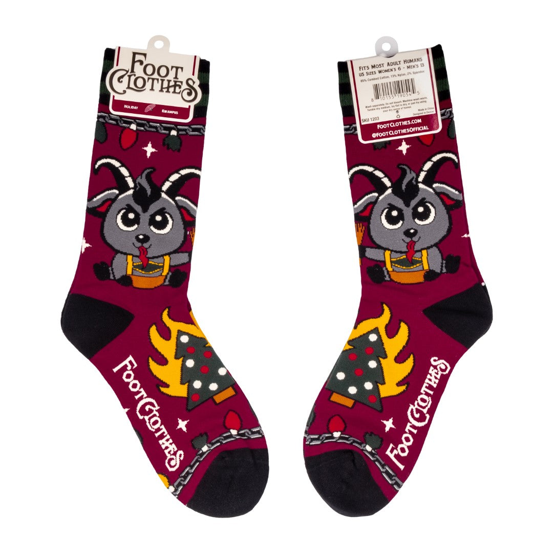 Colorful socks with cartoon Krampus design on a white background