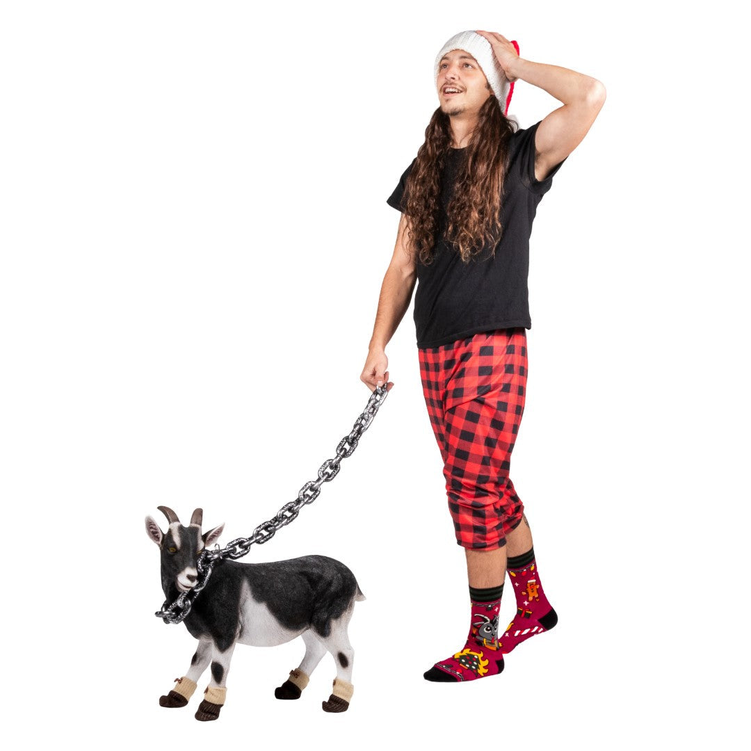 Person in black shirt and red plaid pants with a small goat on a white background