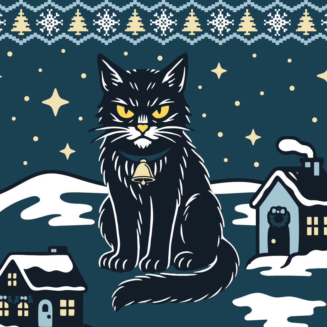 Black cat with a bell on a winter night scene with houses and snowflakes.