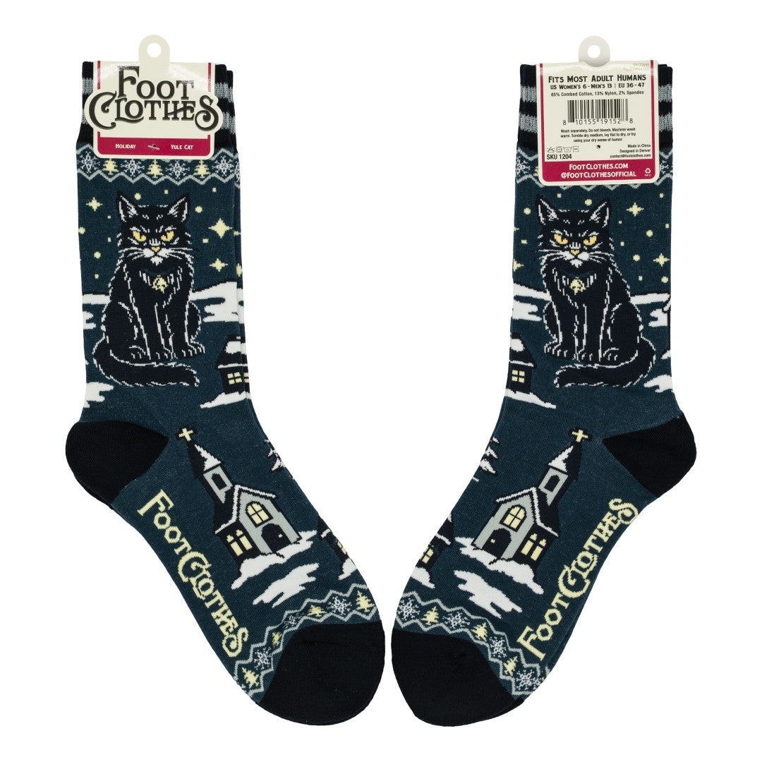 Pair of socks with a cat design on a white background