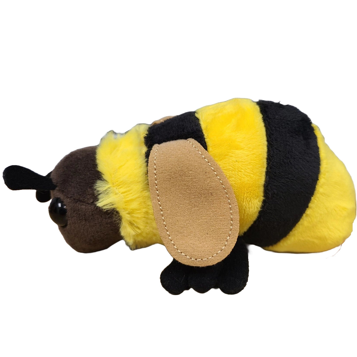 A bumblebee plushie against a white background.